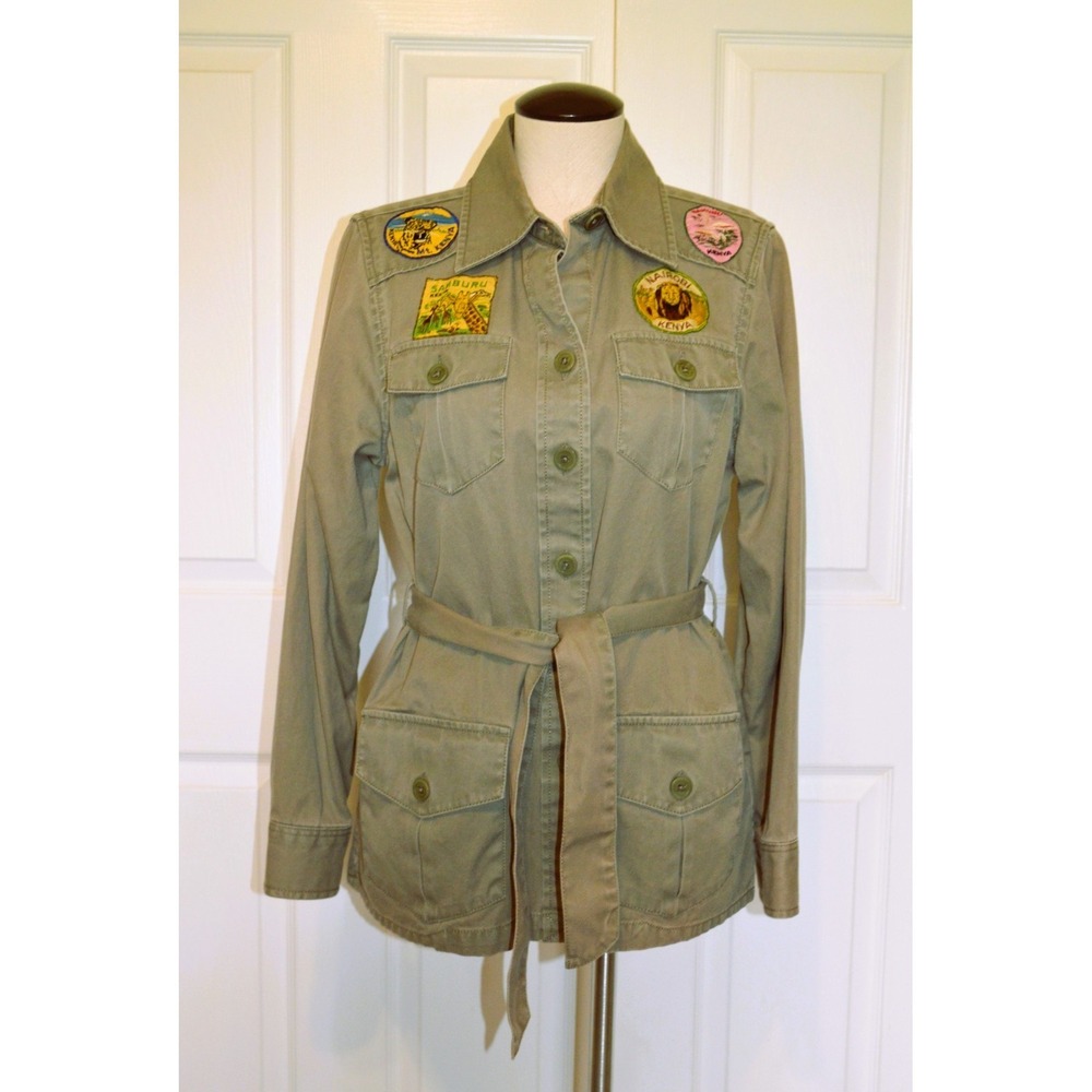 LL Bean Green Safari Jacket Womens‎ 10 Button Front Belted Africa Patches
